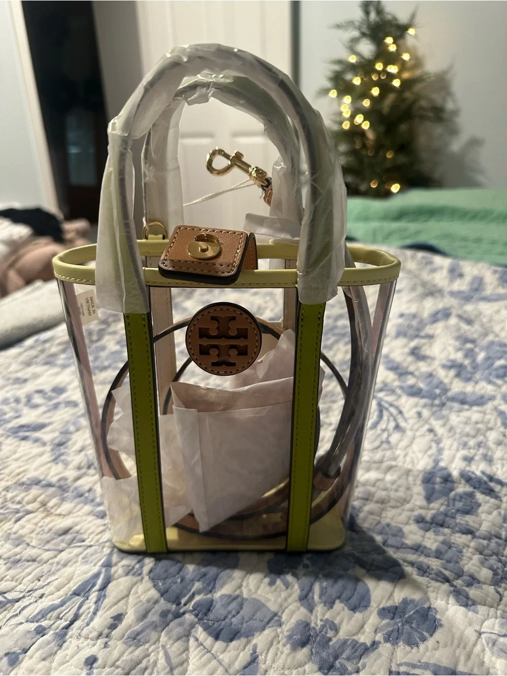 Tory Burch Clear Tote with Neon Yellow Trim and Tan Logo